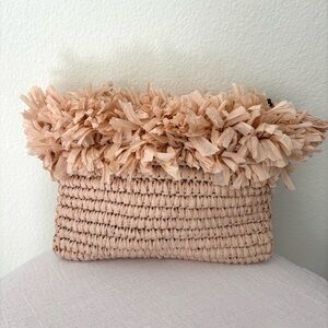 btb Los Angeles Rose Straw Clutch NWT Boho Pink with Fringe Details Top Zipper